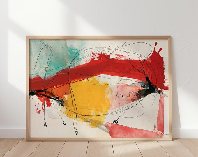 Abstract Wall Art Print, Red Yellow Abstract Painting, Modern Expressionist Art, Contemporary Wall Decor, Mid Century Modern Art