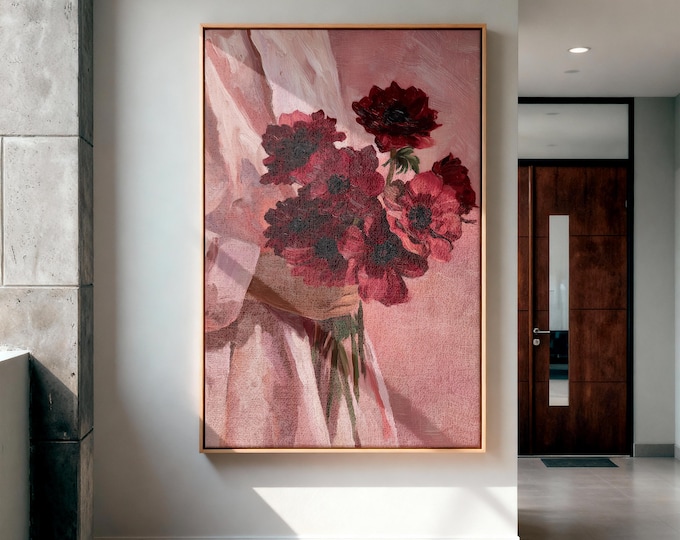 Red Anemone Oil Painting Print, Hand Holding Flowers Wall Art, Pink Aesthetic Floral Art,Impressionist Bouquet Decor, Moody Floral Art
