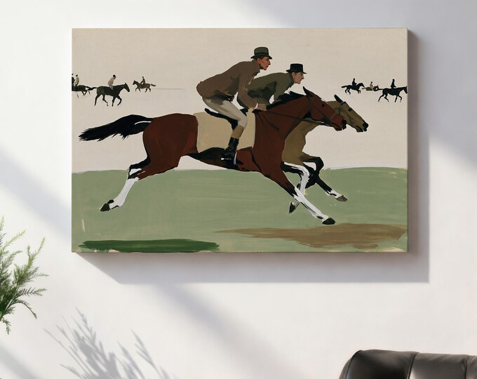 Horse Racing Wall Art Print, Equestrian Painting, Jockey Horse Race Art, Colorful Folk Art, Vintage Horse Decor, Country Farmhouse Wall Art