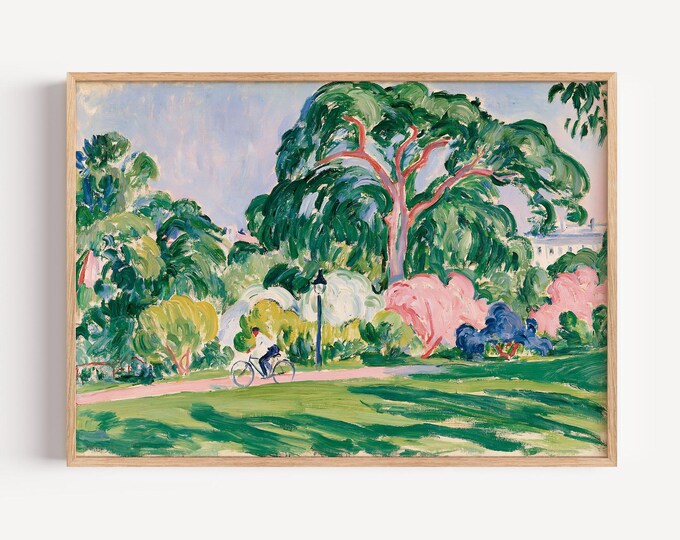 Whimsical Landscape Wall Art Print, Colorful Park Painting, Bicycle Art, Folk Art Landscape, Cottagecore Wall Decor, Nature Print