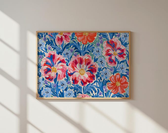Colorful Floral Wall Art Print, Abstract Flower Painting, Blue Red Botanical Canvas, Maximalist Wall Decor, Cottagecore Flower Art Print