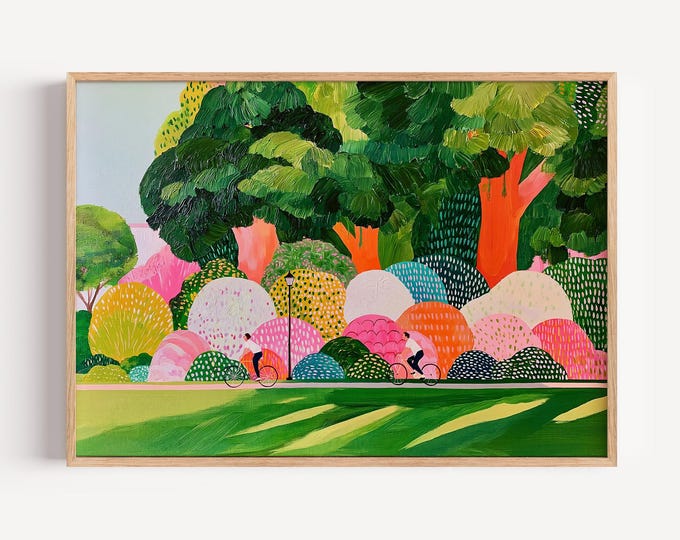 Whimsical Landscape Wall Art Print, Colorful Park Painting, Bicycle Art, Folk Art Landscape, Cottagecore Wall Decor, Nature Print