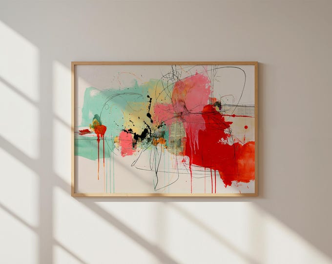 Abstract Wall Art Print, Red Yellow Abstract Painting, Modern Expressionist Art, Contemporary Wall Decor, Mid Century Modern Art