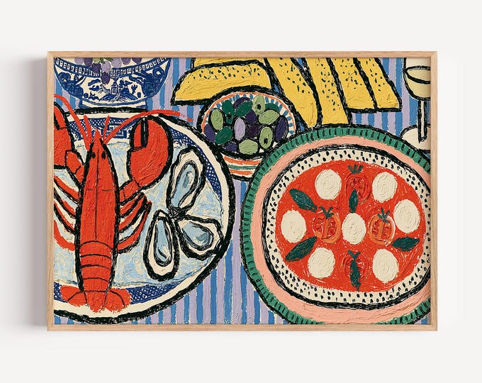 Coastal Italian Food Wall Art Print, Lobster Oyster Pizza Mediterranean Kitchen Decor, Blue White Stripe Seafood Painting, French Bistro Art