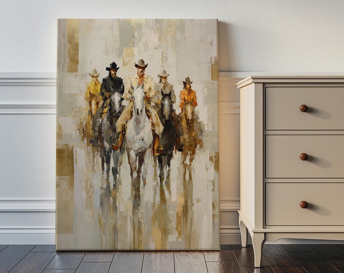Cowboys on Horses Oil Painting Print, Western Wall Art, Impressionist Equestrian Framed Canvas, Rustic Southwestern Decor