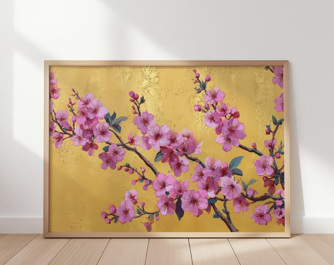 Cherry Blossom Print, Gold Leaf Floral Painting, Pink Flower Wall Art, Chinoiserie Decor, Japanese Blossom Poster, Textured Impasto Art