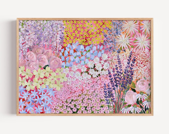 Colorful Floral Wall Art Print, Pastel Flower Garden Painting, Pink Botanical Art, Maximalist Wall Decor, Cottagecore Floral Print