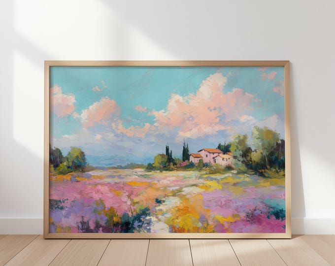 Pastel Landscape Wall Art Print, Colorful Abstract Oil Painting Print, French Country Cottage Decor, Spring Meadow Art, Floral Field Artwork