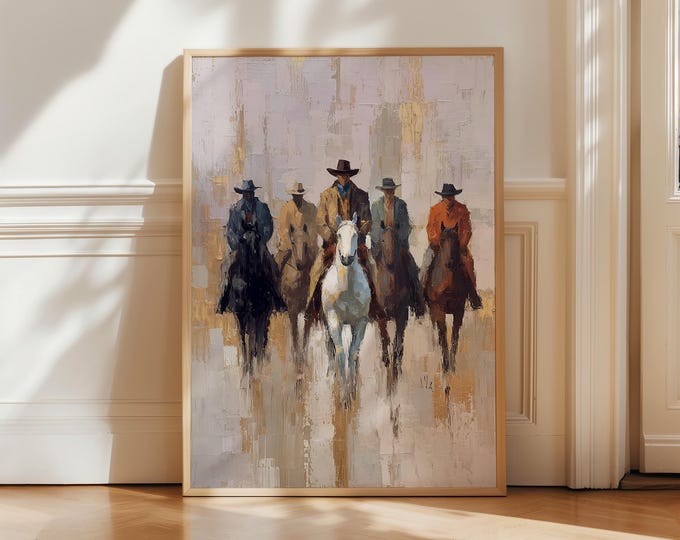 Cowboys on Horses Oil Painting Print, Western Wall Art, Impressionist Equestrian Framed Canvas, Rustic Southwestern Decor