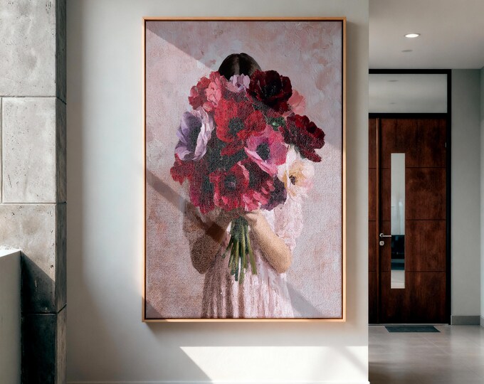 Red Anemone Oil Painting Print, Hand Holding Flowers Wall Art, Pink Aesthetic Floral Art,Impressionist Bouquet Decor, Moody Floral Art