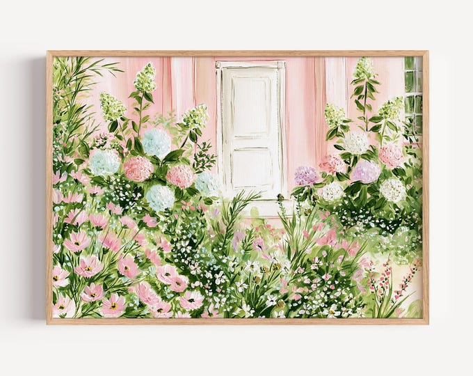 Pink House Wall Art Print, Hydrangea Flower Garden Painting, Cottage Garden Wall Decor, Impressionist Floral Canvas Art