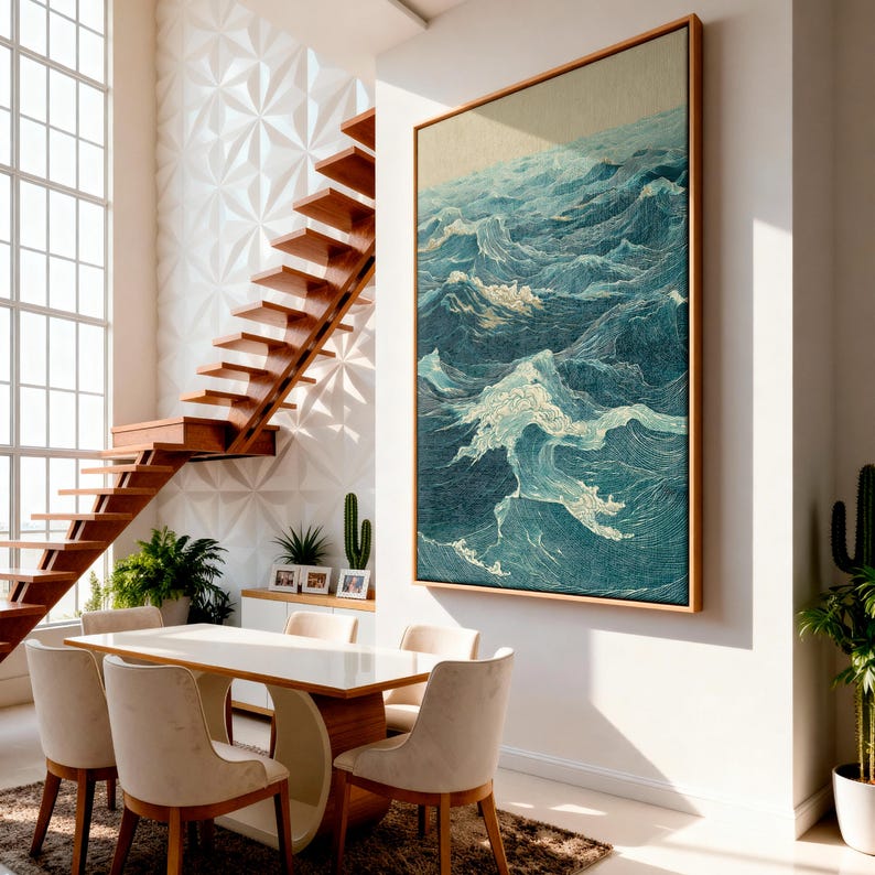 May include: A large framed artwork depicting ocean waves in shades of blue and white hangs on a white wall. The artwork is in a room with a dining table, chairs, and a wooden staircase. The room has a modern design with natural light.
