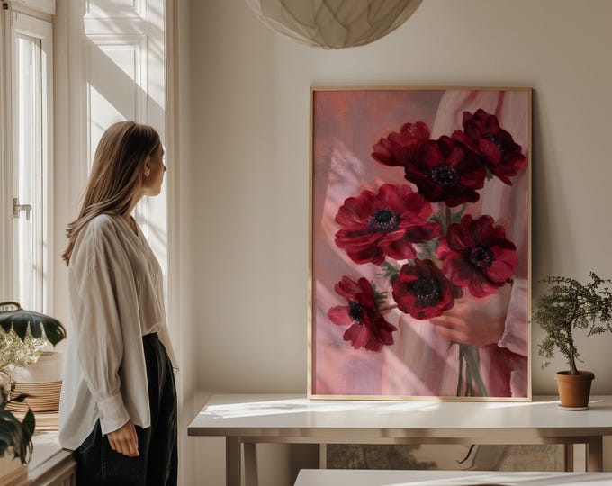 Red Anemone Oil Painting Print, Hand Holding Flowers Wall Art, Pink Aesthetic Floral Art,Impressionist Bouquet Decor, Moody Floral Art