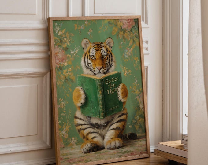 Tiger Reading Wall Art Print, Motivational Animal Wall Art, Funny Bookworm Decor, Library Office Study Wall Art, Vintage Tiger Art Gift