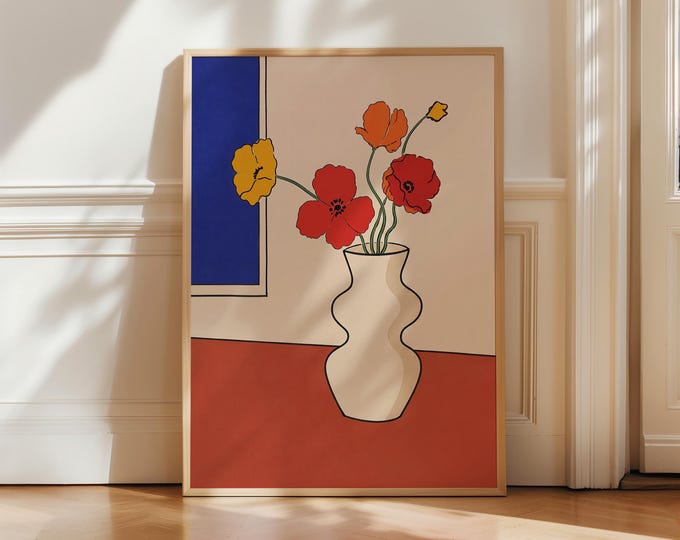 Mid Century Modern Floral Oil Painting Print, Minimalist Boho Wall Art, Retro Wavy Vase Canvas, Matisse Inspired Pop Art Framed Decor