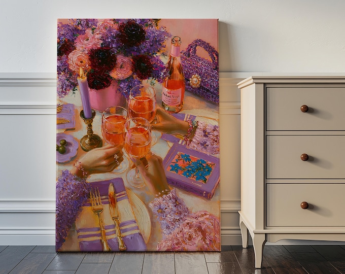 Girls Night Wall Art Print, Purple Table Setting Painting, Rosé Wine Cheers Art, Luxury Dinner Decor, Best Friends Cocktail Canvas