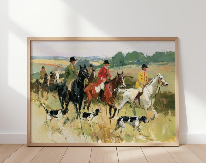 Fox Hunting Wall Art Print, English Hunt Horse Canvas, Equestrian Country Landscape, Vintage Sporting Artwork, Country Club Decor