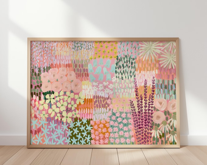 Colorful Floral Wall Art Print, Pastel Flower Garden Painting, Pink Botanical Art, Maximalist Wall Decor, Cottagecore Floral Print