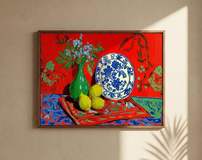 Vibrant Fauvism Still Life Art Print, Red Background, Blue & White Plate, Lemons, Green Vase, Colorful Wall Decor, Home Art Print