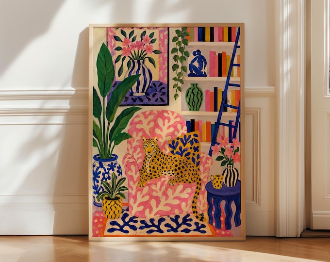 Maximalist Leopard Oil Painting Print, Colorful Preppy Room Decor, Matisse Inspired Eclectic Wall Art, Framed Canvas