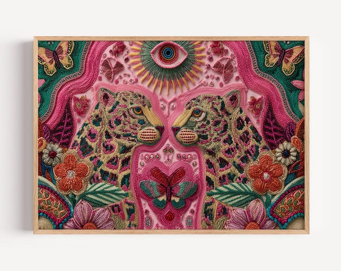 Maximalist Leopard Faux Embroidery Print, Beaded Style Folk Art Decor, Mystical Cosmic Eye Fine Art Print, Pink Boho Floral Wall Art