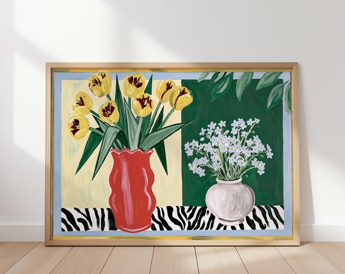 Tulip Still Life Wall Art Print, Red Vase Floral Painting, Modern Botanical Decor, Yellow Tulips Canvas, Colorful Living Room Art