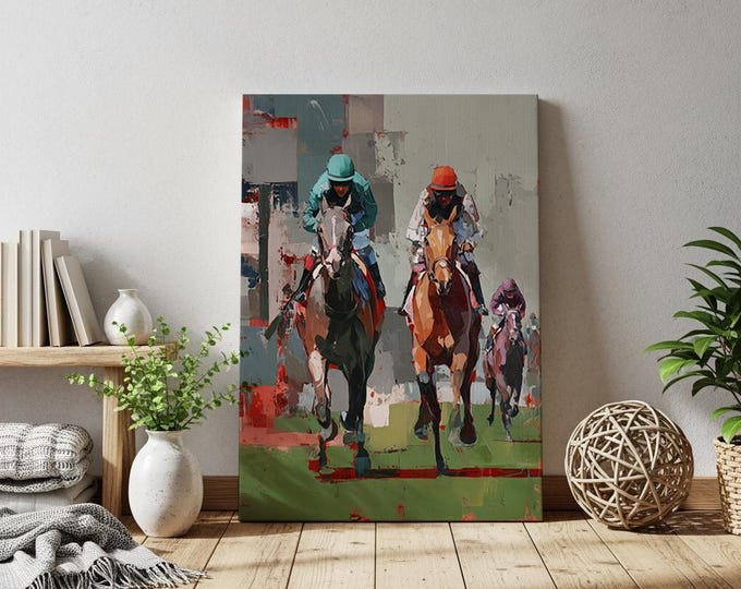 Abstract Horse Racing Wall Art, Modern Equestrian Painting, Colorful Jockey Race Print, Contemporary Sports Artwork