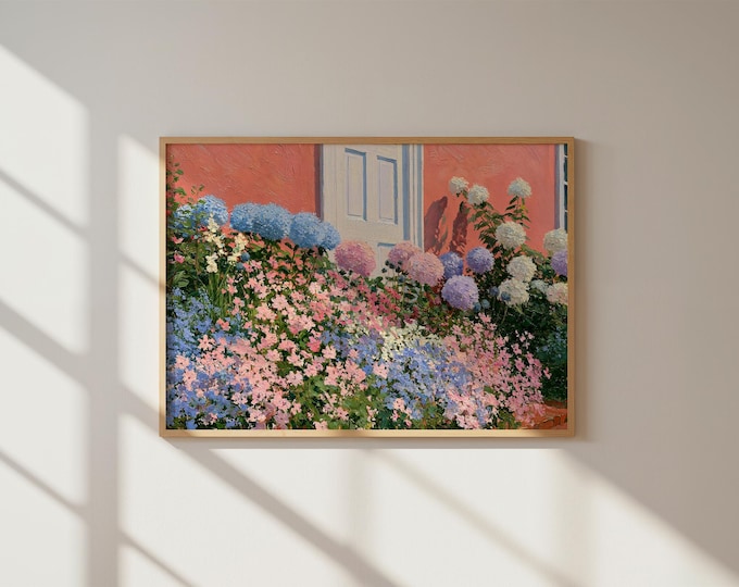 Pink House Wall Art Print, Hydrangea Flower Garden Painting, Cottage Garden Wall Decor, Impressionist Floral Canvas Art