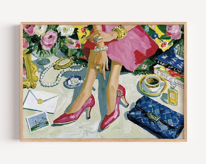 Preppy Wall Art Print, Chic Fashion Illustration, Pink Heels Painting, Feminine Room Decor, Coquette Aesthetic Art, Grandmillennial Decor