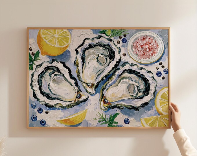 Oyster Wall Art Print, Coastal Kitchen Decor, French Seafood Painting, Lemon & Sea Salt Canvas, Mediterranean Dining Room Wall Art