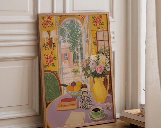 Colorful Floral Still Life Oil Painting Print, French Country Window View Art, Preppy Grandmillennial Decor, Framed Canvas