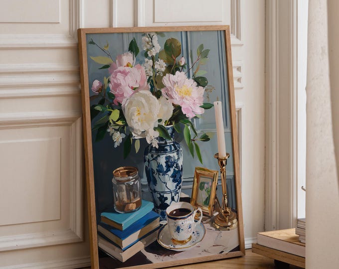 Chinoiserie Floral Still Life Oil Painting Print, Blue and White Vase Wall Art, Grandmillennial Preppy Decor, Framed Canvas