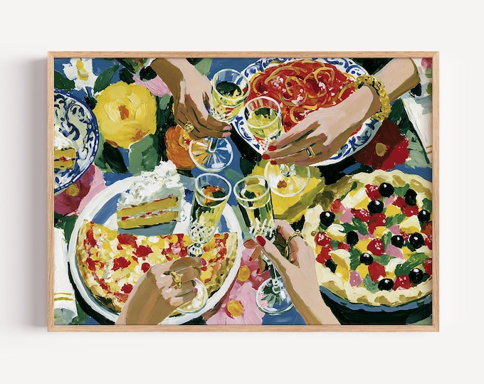 Italian Dinner Party Wall Art Print, Pizza & Champagne Painting, Girls Night Kitchen Decor, Mediterranean Food Canvas, Colorful Dining Art