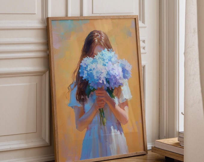 Blue Hydrangea Oil Painting Girl Holding Flowers Wall Art, Impressionist Woman Portrait Print, Aesthetic Floral Decor, Sun-drenched Fine Art