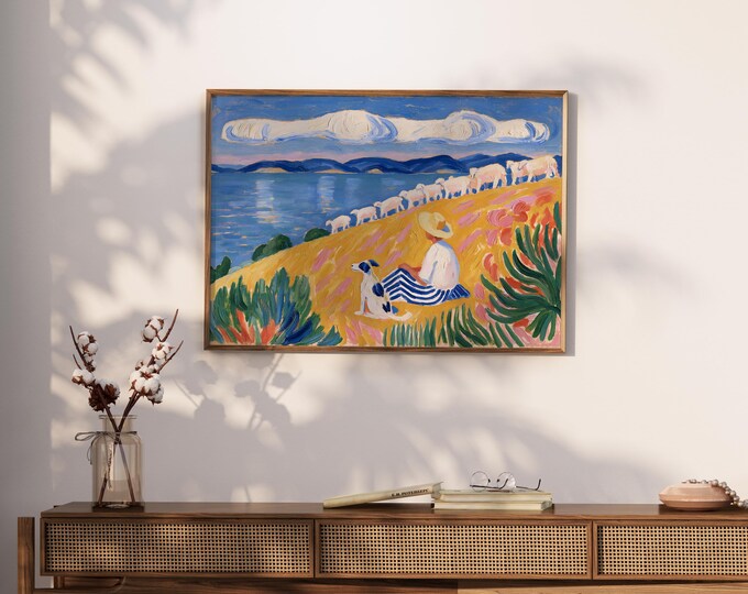 Pastoral Landscape Wall Art Print, Shepherd and Sheep Painting, Dog Countryside Art, Blue Lake Canvas, Farmhouse Country Wall Decor