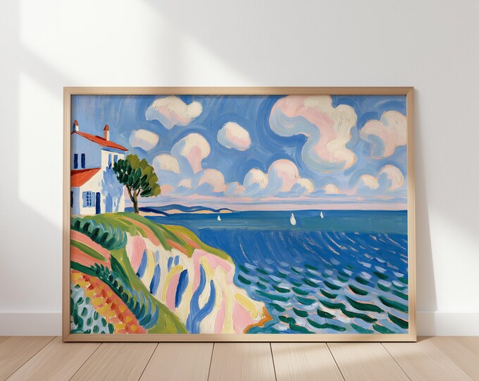 Coastal Cottage Wall Art, Seaside Landscape Painting, Ocean View Art, Vintage Coastal Decor, Beach House Wall Art, Cottagecore Canvas Print