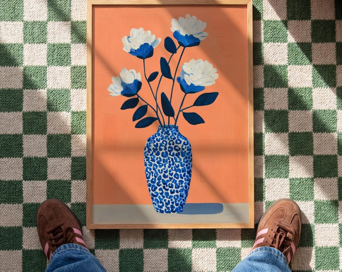 Blue and White Leopard Vase Floral Oil Painting Print, Peach and Navy Botanical Art, Preppy Room Decor, Eclectic Framed Canvas