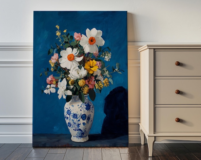 Chinoiserie Floral Oil Painting Print, Blue and White Vase Wall Art, Dark Blue Botanical Framed Canvas, Grandmillennial Decor