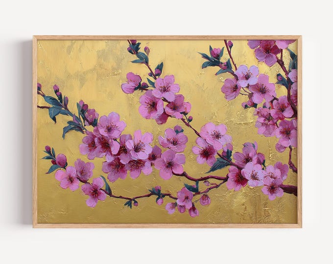 Cherry Blossom Print, Gold Leaf Floral Painting, Pink Flower Wall Art, Chinoiserie Decor, Japanese Blossom Poster, Textured Impasto Art
