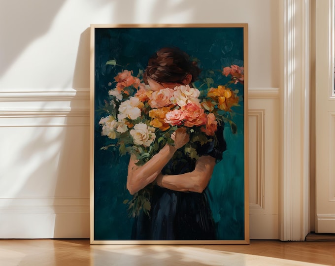 Moody Floral Portrait Oil Painting Print, Woman with Flowers Wall Art, Teal Room Decor, Fine Art Paper, Canvas, Framed Wall Art