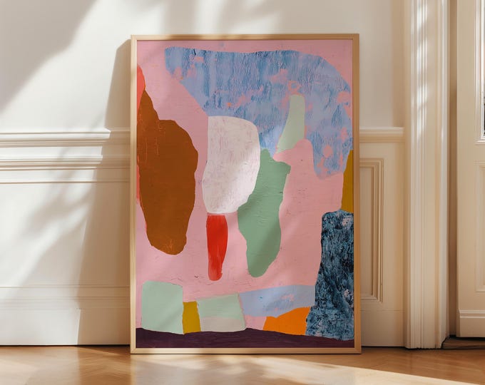Modern Abstract Pastel Pink Wall Art, Colorful Organic Shapes Print, Large Textured Contemporary Painting, Mid Century Gallery Wall Decor