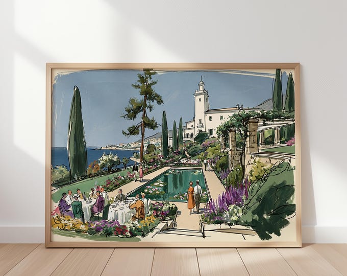 Mediterranean Villa Wall Art Print, Italian Coastal Landscape, Amalfi Coast Canvas, Old Money Decor, European Garden Painting