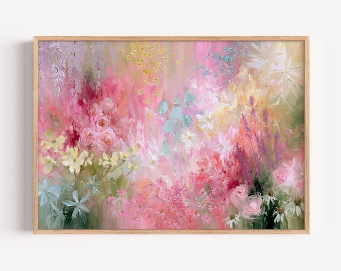 Colorful Floral Wall Art Print, Pastel Flower Garden Painting, Pink Botanical Art, Maximalist Wall Decor, Cottagecore Floral Print