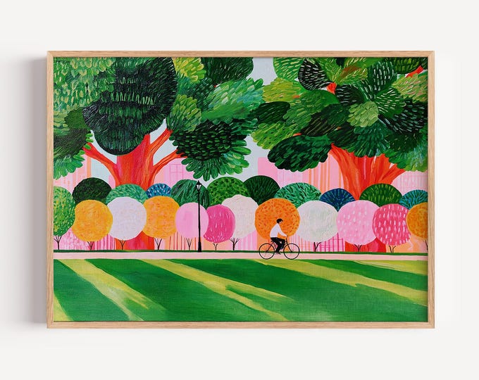Whimsical Landscape Wall Art Print, Colorful Park Painting, Bicycle Art, Folk Art Landscape, Cottagecore Wall Decor, Nature Print