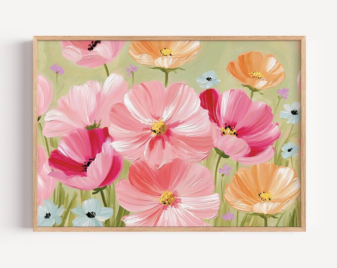 Colorful Floral Wall Art Print, Pink Orange Flower Painting, Wildflower Canvas Art, Botanical Wall Decor, Maximalist Home Decor