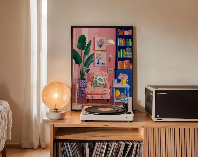 Maximalist Pink Room Oil Painting Print, Colorful Interior Wall Art, Eclectic Preppy Decor, Cozy Reading Nook Framed Canvas