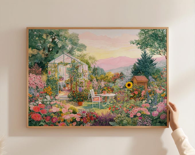 Watercolor Botanical Garden Wall Art Print, Spring Floral Greenhouse Framed Wall Art, Cottagecore Nature Landscape Canvas Decor
