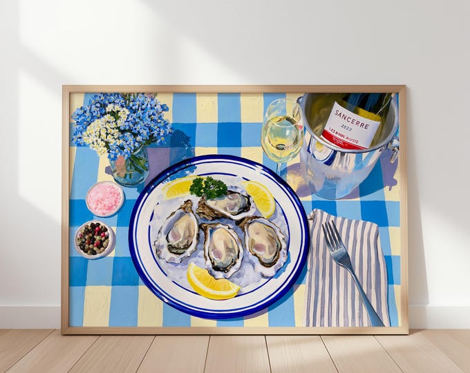 French Oyster Wall Art Print, Coastal Kitchen Decor, Blue Check Table Painting, Seafood Canvas Art, Coastal Dining Room Wall Decor