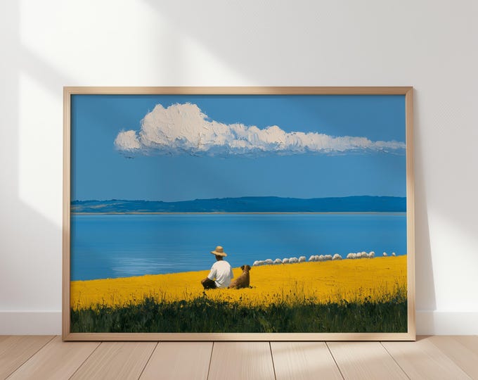 Pastoral Landscape Wall Art Print, Shepherd and Sheep Painting, Dog Countryside Art, Blue Lake Canvas, Farmhouse Country Wall Decor