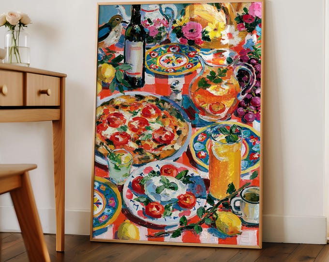 Italian Summer Oil Painting Print, Pizza Caprese Wine Wall Art Print, Amalfi Coastal Kitchen Decor, Mediterranean Dining Room Art